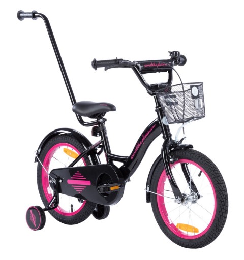 Rowerek dziecięcy 16 cali TomaBike PLATINUM z prowadnikiem | Czarno-Różowy